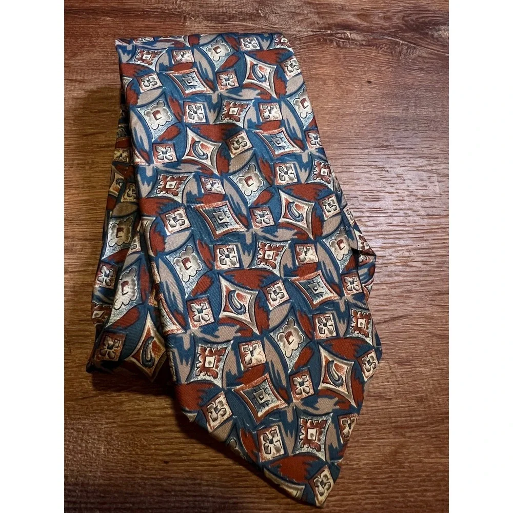 Saddlebred Geometric Abstract Necktie‎ Mens Blue Rust Tan EUC Classic Silk Blend